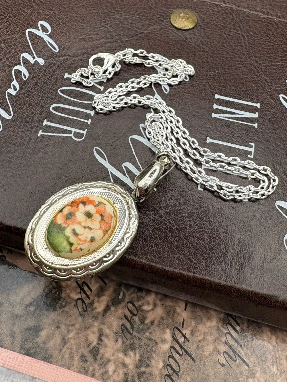 Vintage Floral Locket Necklace Romantic Heirloom Cottagecore Silver Tone